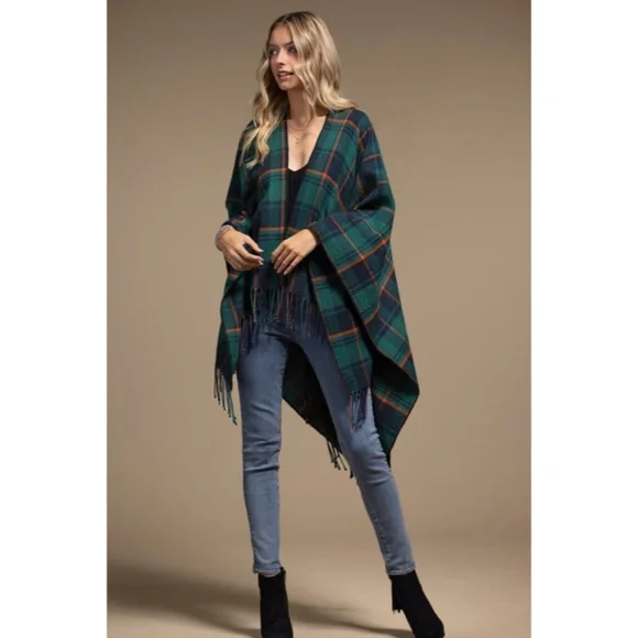 SOLD OUT Teal Plaid Blanket Ruana Knit Fall Winter Fringe Open Poncho Wrap - Picture 4 of 6